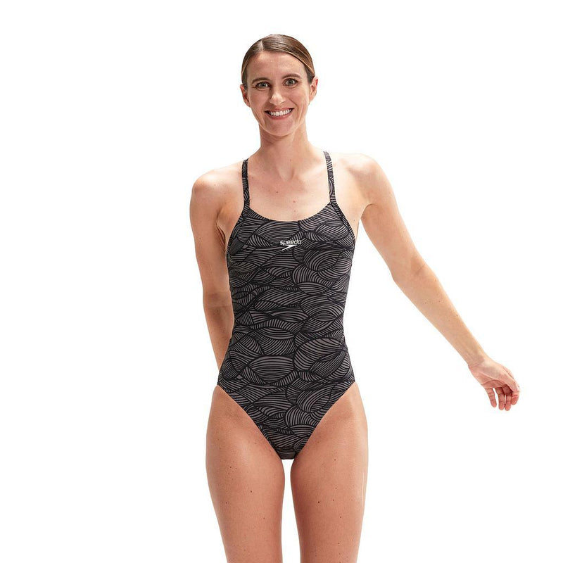 Speedo Allover Fixed Crossback Swimsuit - Black/USA Charcoal - Size