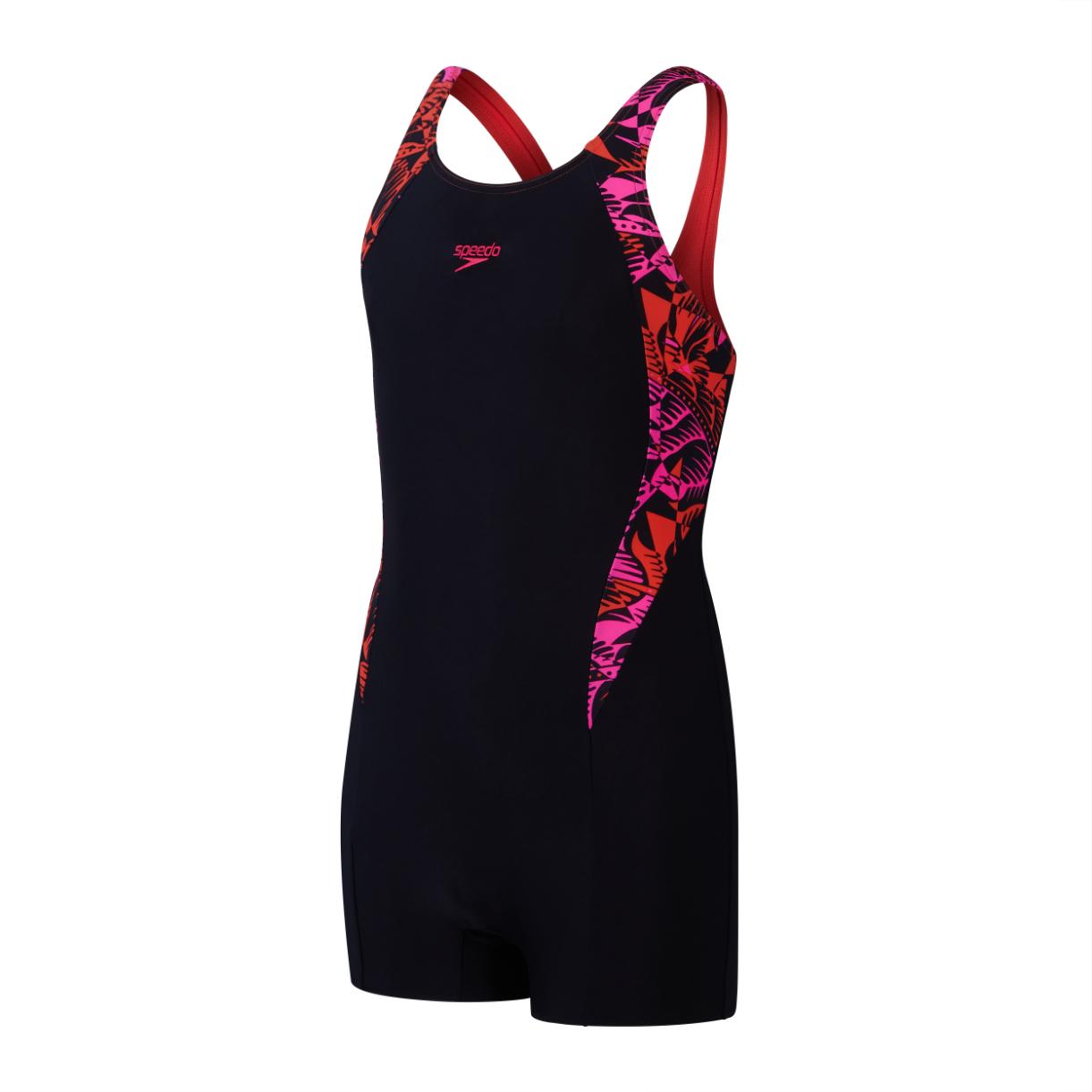 Speedo Girls Printed Panel Legsuit Swimming Costume Black Watermelon Flare Pink