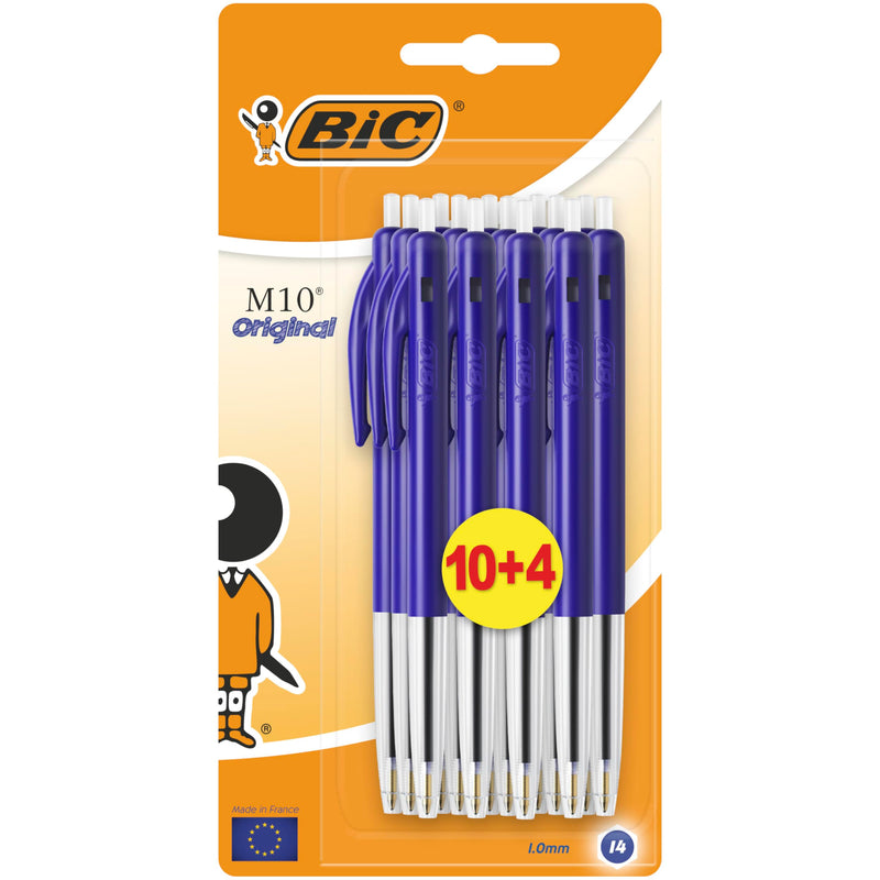 BIC M10 Klikbalpen middelgrote lijndikte, blauw (voordeelpak van 10, plus 4 gratis