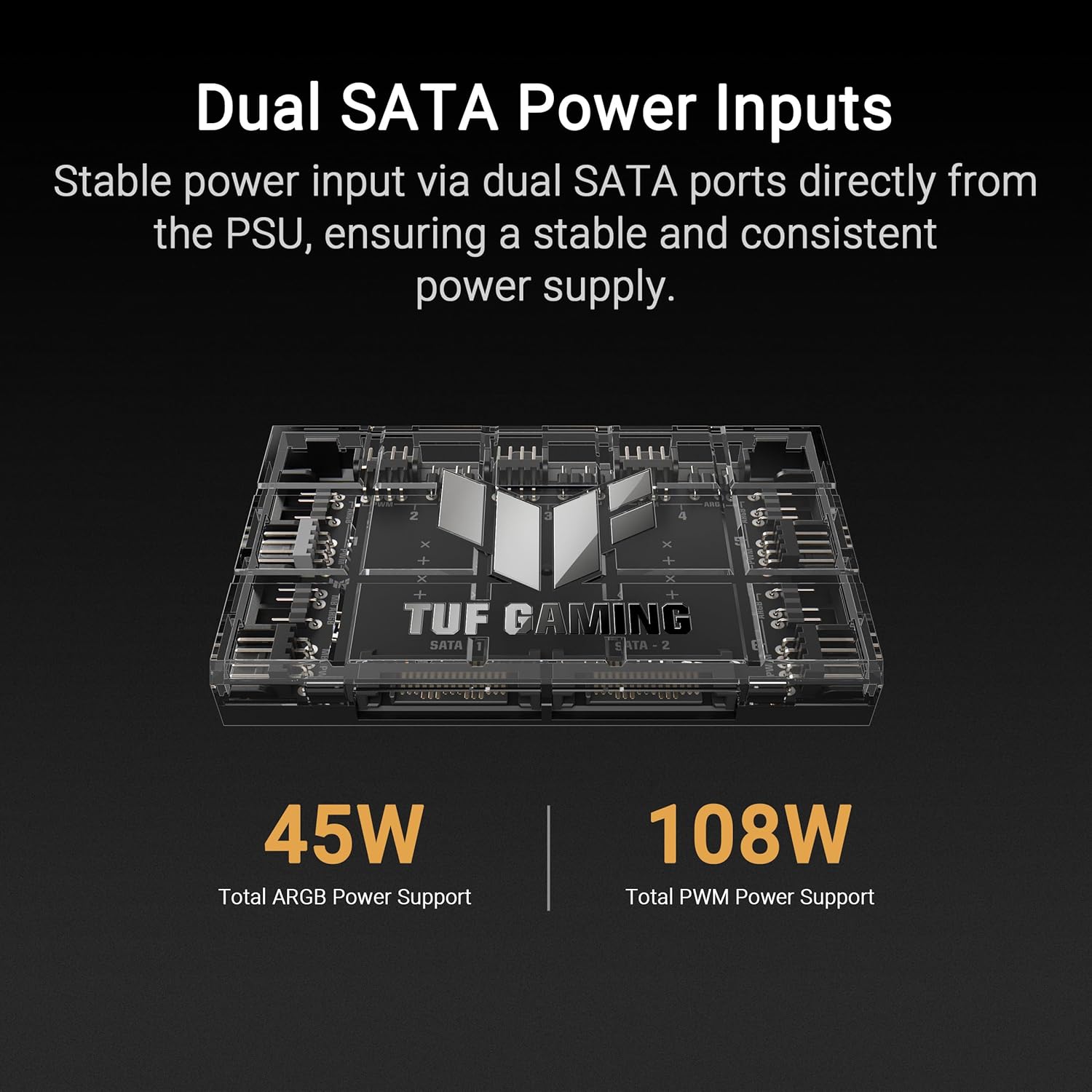 ASUS TUF Gaming ARGB PWM Fan Hub (6x Ports for PWM Case Fan and ARGB Control, 2x SATA Power Ports, Synchronises Cooling and Light Effects, Magnetic Mount, Power Indicator