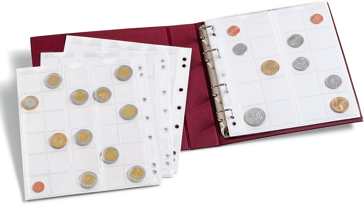 Leuchtturm 310704 Münzalbum Numis - 5 Hüllen für verschieden große Münzen mit 44, 34, 25, 17 mm Durchmesser - rot