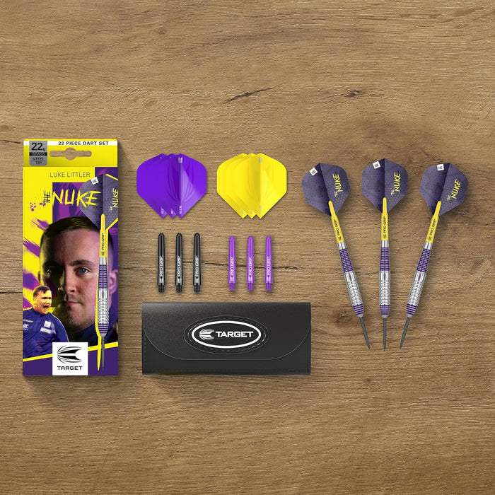 TARGET Darts Luke Littler Set – 22G Steel Tip Brass Darts or 85-Piece Dart Accessories Pack | The Nuke Player Edition Professional Darts & Accessories, Pro Grip Dart Shafts, Pro Ultra Flights