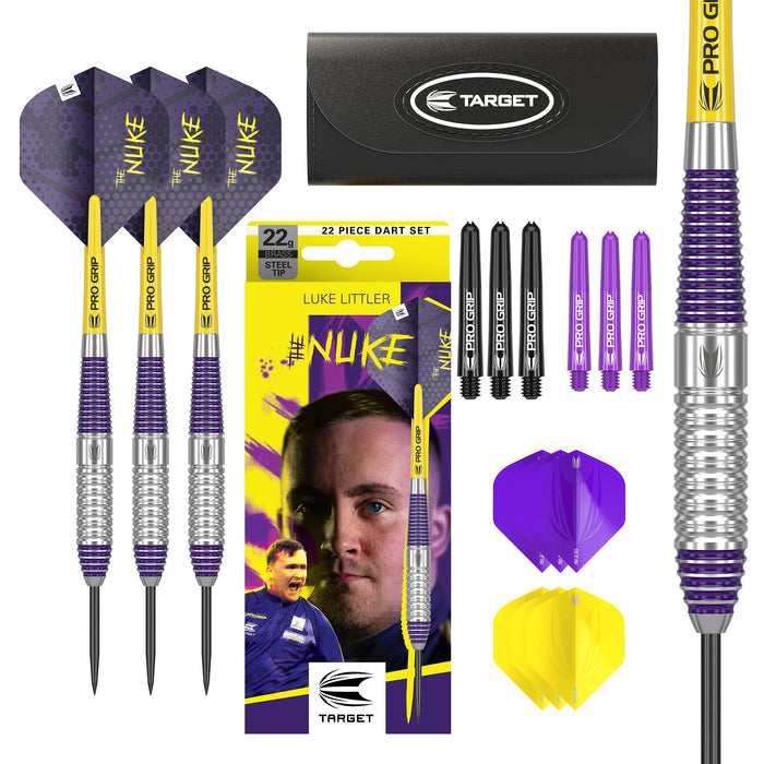TARGET Darts Luke Littler Set – 22G Steel Tip Brass Darts or 85-Piece Dart Accessories Pack | The Nuke Player Edition Professional Darts & Accessories, Pro Grip Dart Shafts, Pro Ultra Flights