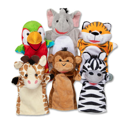 Melissa & Doug Safari Buddies Handpoppen Set van 6 (olifant, tijger, papegaai, giraffe, aap, zebra