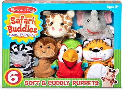Melissa & Doug Safari Buddies Handpoppen Set van 6 (olifant, tijger, papegaai, giraffe, aap, zebra