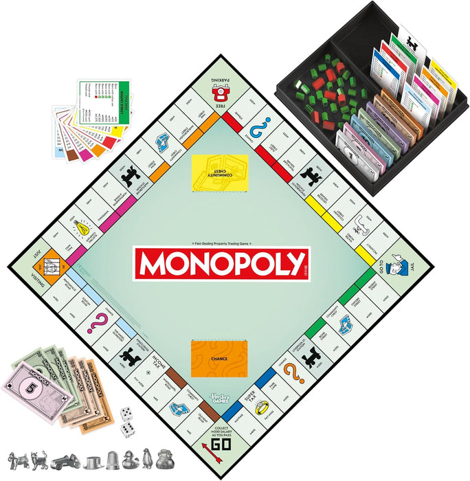 Monopoly Board Game with Storage Tray and Larger Tokens - English Version
