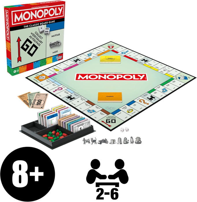 Monopoly Board Game with Storage Tray and Larger Tokens - English Version