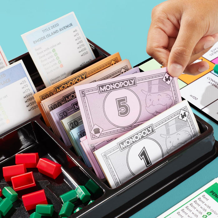 Monopoly Board Game with Storage Tray and Larger Tokens - English Version