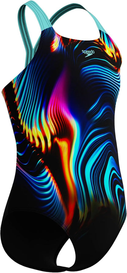 Speedo Girls Digital Placement Powerback Swimsuit Swimming Costume Arctic Glass