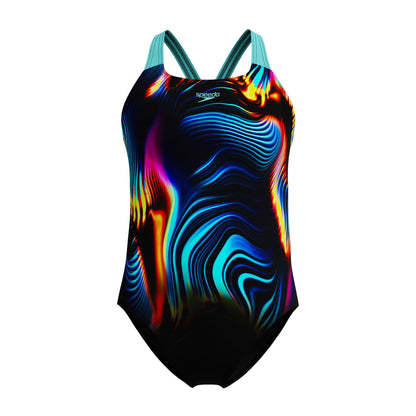 Speedo Girls Digital Placement Powerback Swimsuit Swimming Costume Arctic Glass