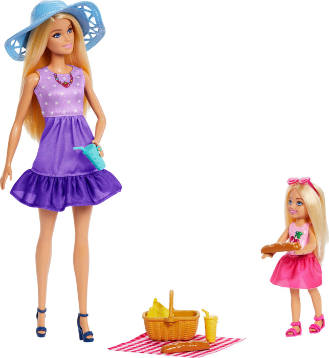 Barbie - Famiglia e Amici, set con bambole Barbie Malibu e la piccola Chelsea, più di 9 accessori e abiti a tema picnic inclusi, giocattolo per bambini, 3+ anni, JBF43