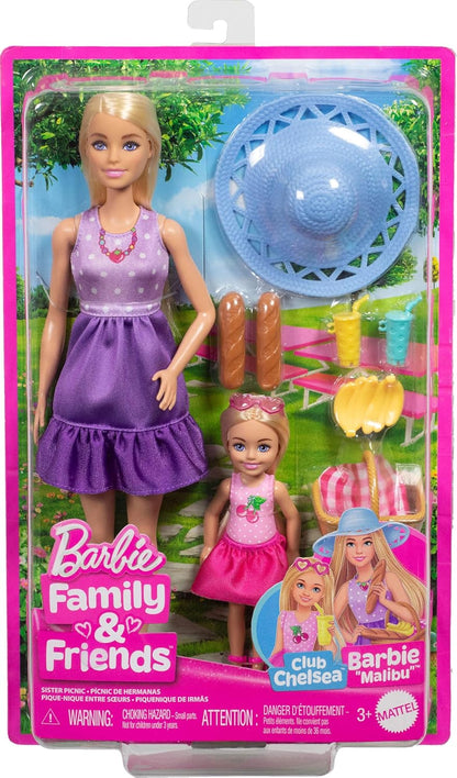 Barbie - Famiglia e Amici, set con bambole Barbie Malibu e la piccola Chelsea, più di 9 accessori e abiti a tema picnic inclusi, giocattolo per bambini, 3+ anni, JBF43