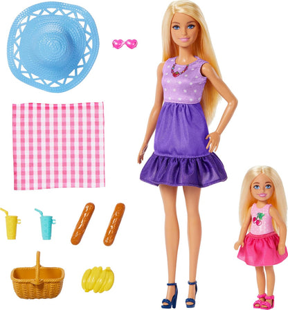 Barbie - Famiglia e Amici, set con bambole Barbie Malibu e la piccola Chelsea, più di 9 accessori e abiti a tema picnic inclusi, giocattolo per bambini, 3+ anni, JBF43