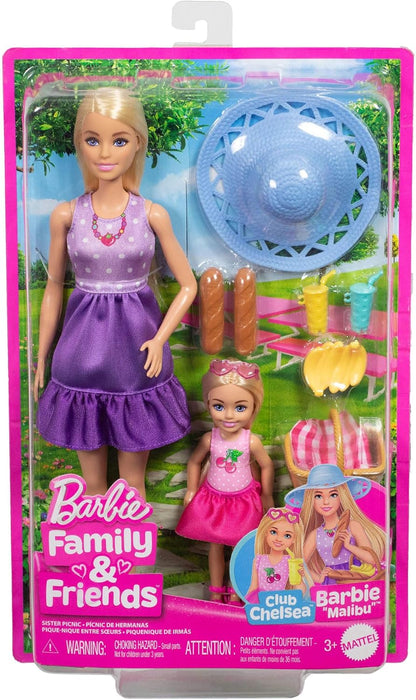 Barbie - Famiglia e Amici, set con bambole Barbie Malibu e la piccola Chelsea, più di 9 accessori e abiti a tema picnic inclusi, giocattolo per bambini, 3+ anni, JBF43