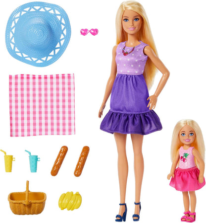 Barbie - Famiglia e Amici, set con bambole Barbie Malibu e la piccola Chelsea, più di 9 accessori e abiti a tema picnic inclusi, giocattolo per bambini, 3+ anni, JBF43