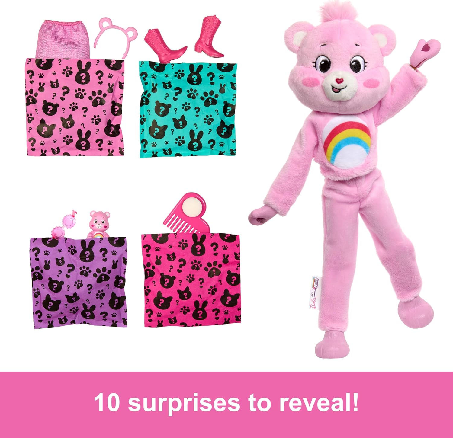 Barbie Cutie Reveal Care Bears Series Doll & Accessories in Cheer Bear Plush Costume, 10 Surprises