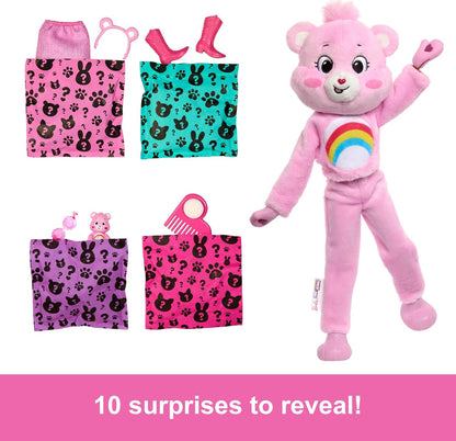 Barbie Cutie Reveal Care Bears Series Doll & Accessories in Cheer Bear Plush Costume, 10 Surprises
