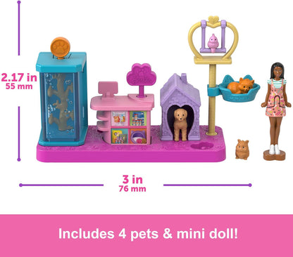 Barbie Mini BarbieLand Collectible Pet Boutique Playset with 1.5-Inch Doll, Pet Product Display, Check Out Stand, Pet House & Cat Baskets for Storytelling Play, JCR30