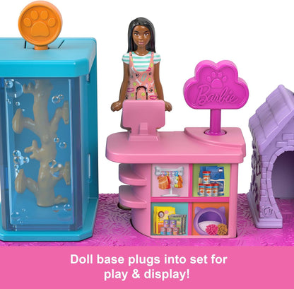 Barbie Mini BarbieLand Collectible Pet Boutique Playset with 1.5-Inch Doll, Pet Product Display, Check Out Stand, Pet House & Cat Baskets for Storytelling Play, JCR30