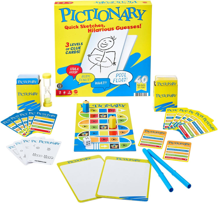 Mattel Games Pictionary Family Board Game for Kids, Adults and Game Night for 2 Teams with Erasable Markers, Boards and Sand Timer, JDX96