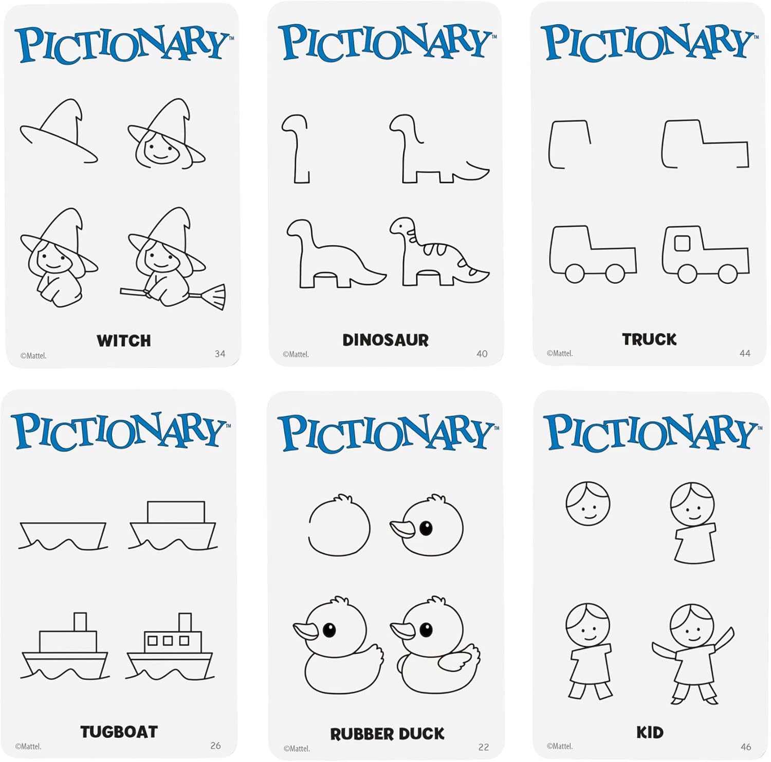 Mattel Games Pictionary Family Board Game for Kids, Adults and Game Night for 2 Teams with Erasable Markers, Boards and Sand Timer, JDX96