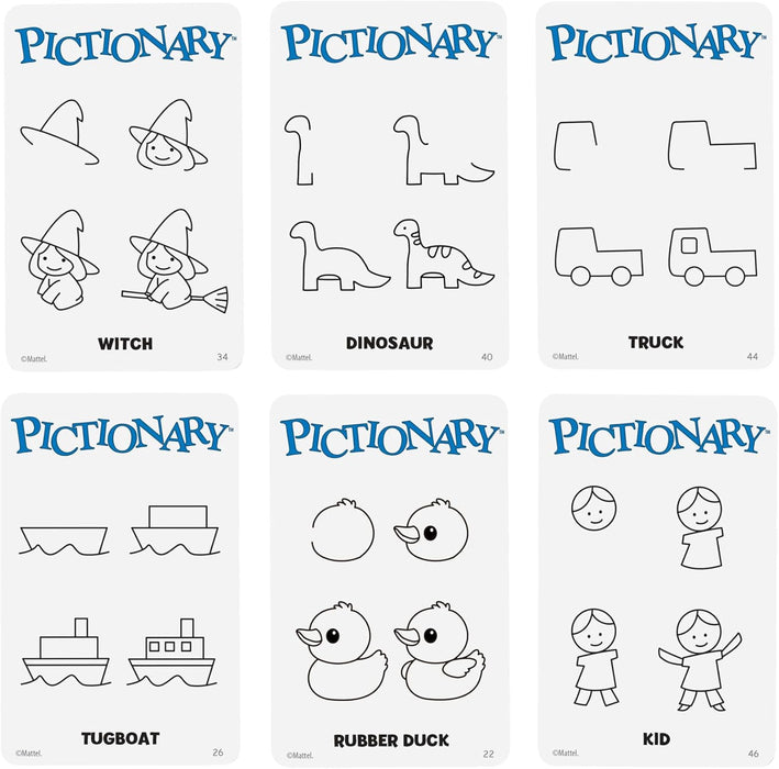 Mattel Games Pictionary Family Board Game for Kids, Adults and Game Night for 2 Teams with Erasable Markers, Boards and Sand Timer, JDX96