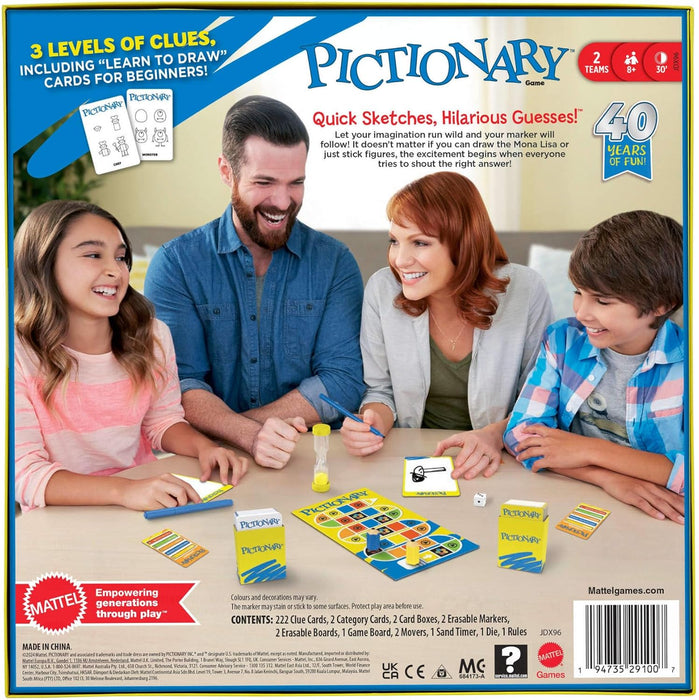 Mattel Games Pictionary Family Board Game for Kids, Adults and Game Night for 2 Teams with Erasable Markers, Boards and Sand Timer, JDX96