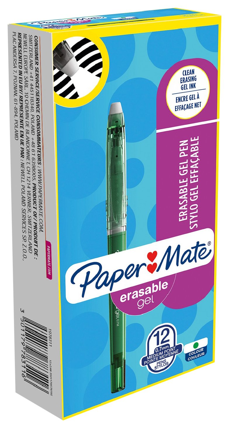 Paper Mate Erasable Gel, penna a punta media da 0,7 mm, verde, scatola da 12