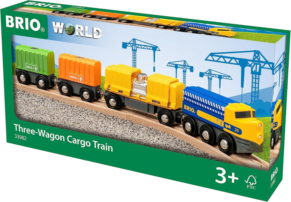 BRIO World Three Wagon Cargo Engine Train Toy for Kids Age 3 Years Up - Wooden Railway Add On Accessories
