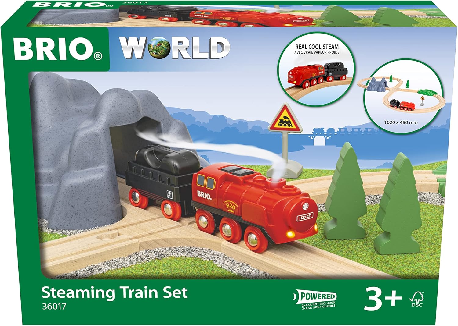 BRIO World 36017 Battery Steam Train Set - Cold Water Steam From The Chimney of The Engine Flows While Driving - Classic Train Eight Layout Including Mountain Tunnel
