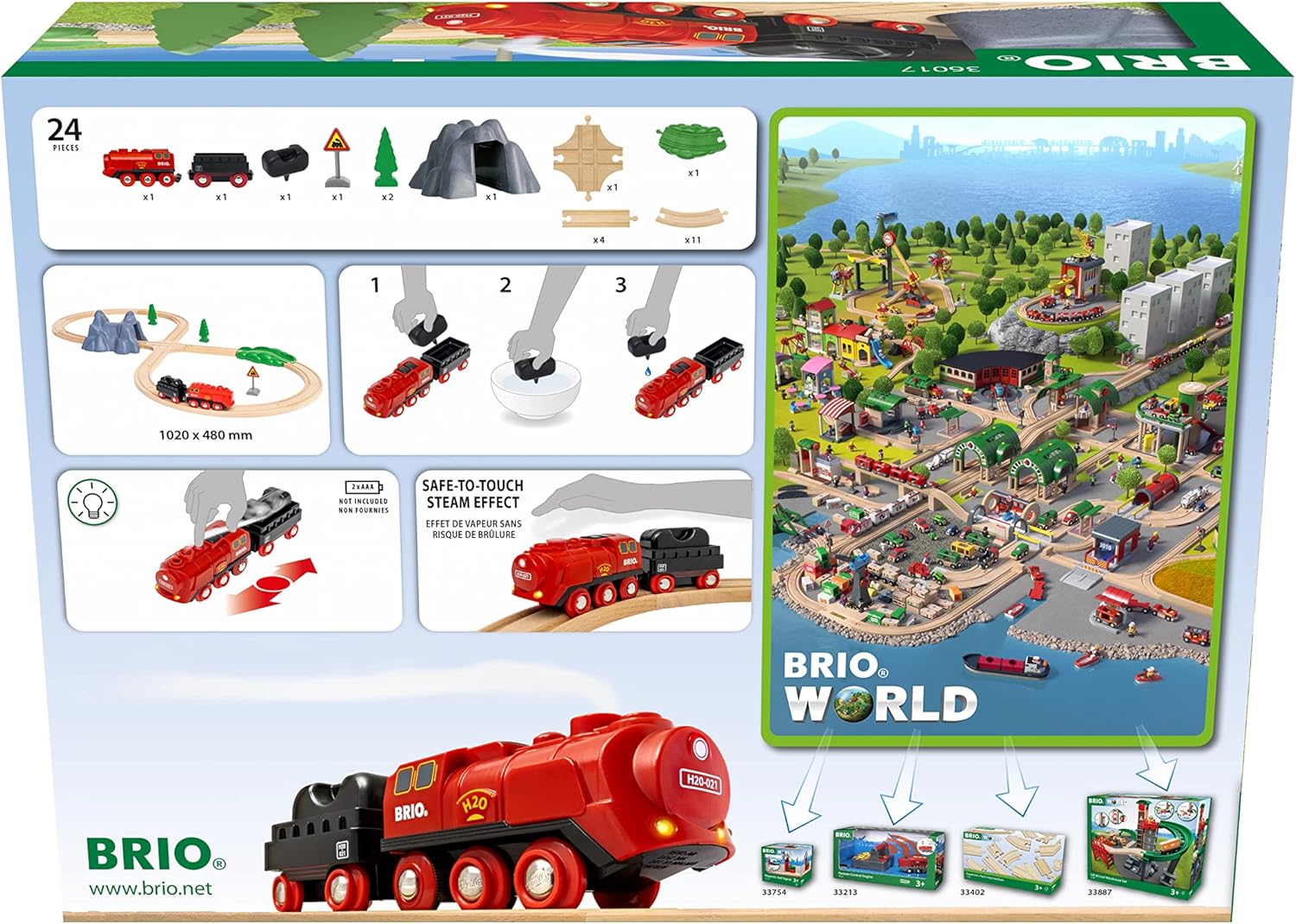 BRIO World 36017 Battery Steam Train Set - Cold Water Steam From The Chimney of The Engine Flows While Driving - Classic Train Eight Layout Including Mountain Tunnel