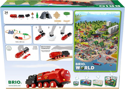 BRIO World 36017 Battery Steam Train Set - Cold Water Steam From The Chimney of The Engine Flows While Driving - Classic Train Eight Layout Including Mountain Tunnel