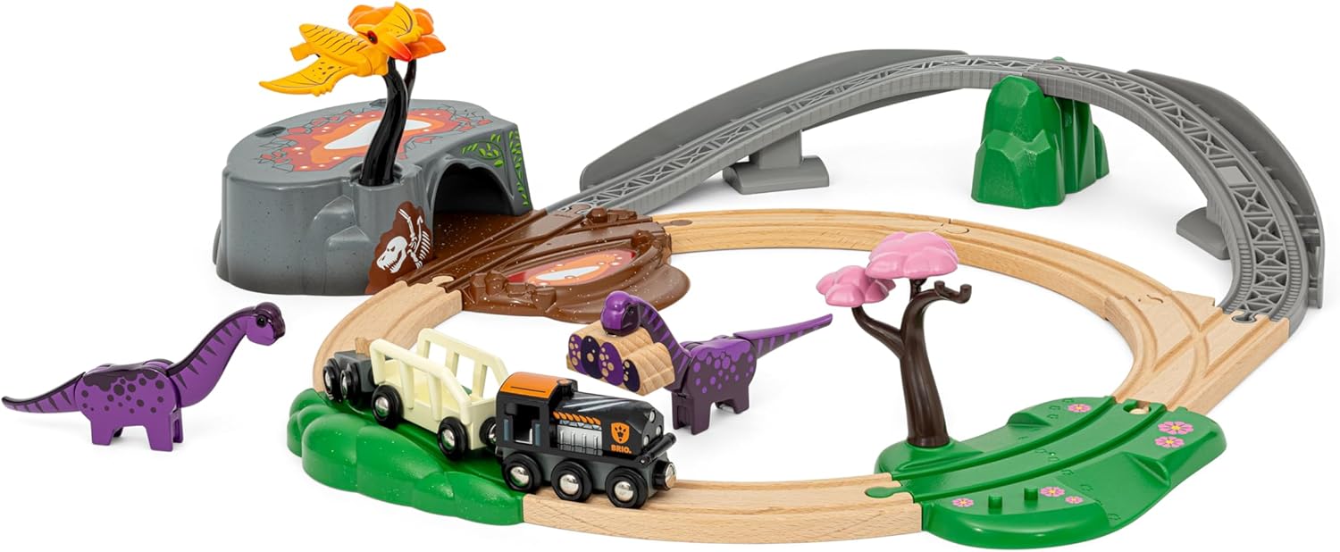 BRIO World Dinosaur Adventure Train Set for Kids Age 3 Years Up, Wooden Railway Accessories and Add Ons