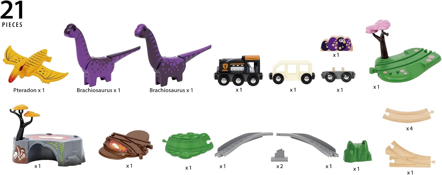 BRIO World Dinosaur Adventure Train Set for Kids Age 3 Years Up, Wooden Railway Accessories and Add Ons