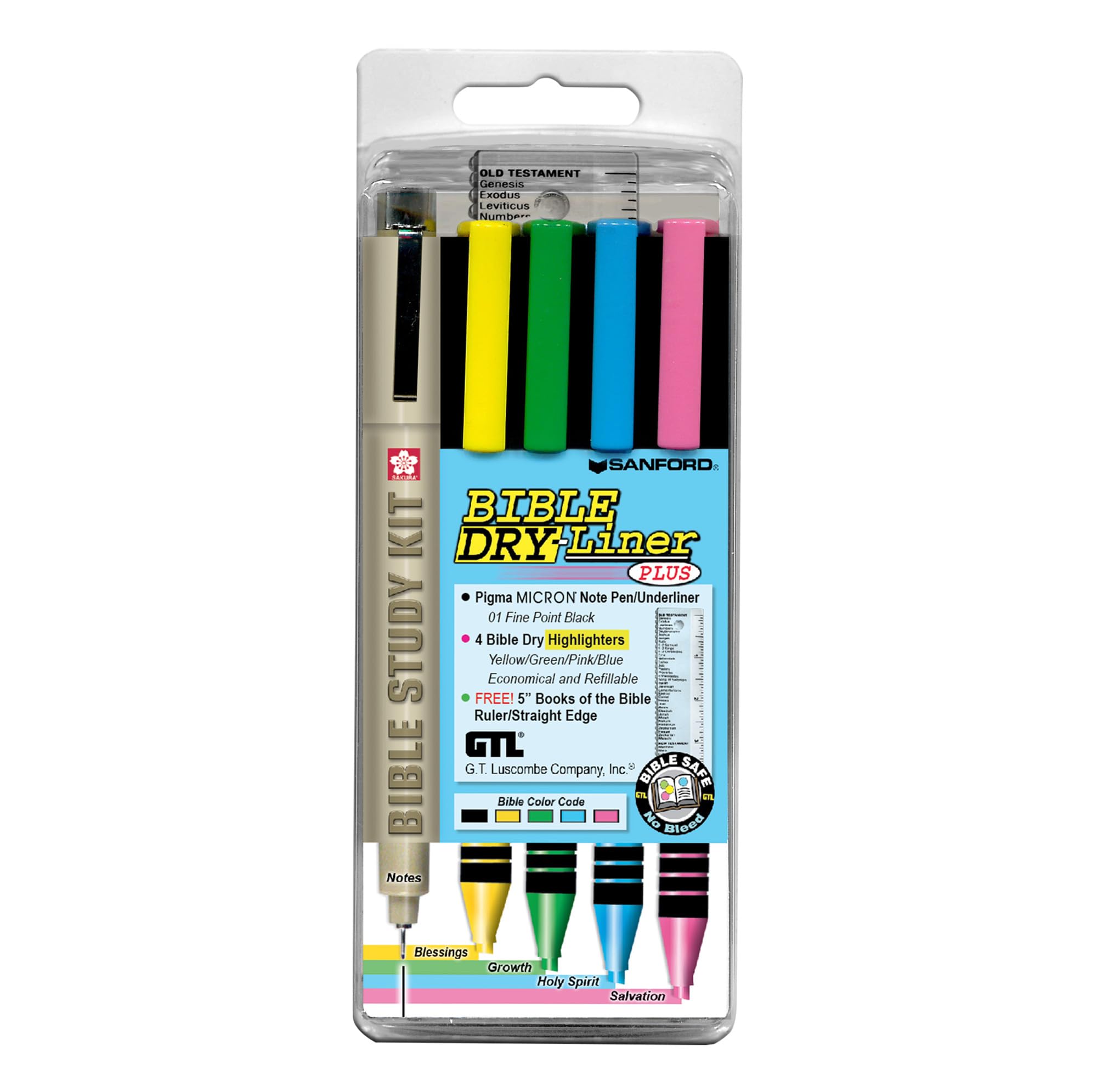 G.T. Luscombe Company, Inc. Bible Dry-Liner, Yellow, Green, Blue, Pink Highlighters, Pigma Micron 01 Black Ink, No Bleed, Underlining Writing Pen & Books of the Bible Ruler, 5-Piece Set Study Kit