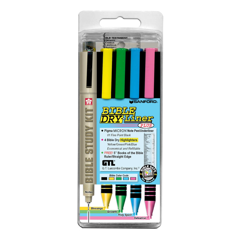G.T. Luscombe Company, Inc. Bible Dry-Liner, Yellow, Green, Blue, Pink Highlighters, Pigma Micron 01 Black Ink, No Bleed, Underlining Writing Pen & Books of the Bible Ruler, 5-Piece Set Study Kit