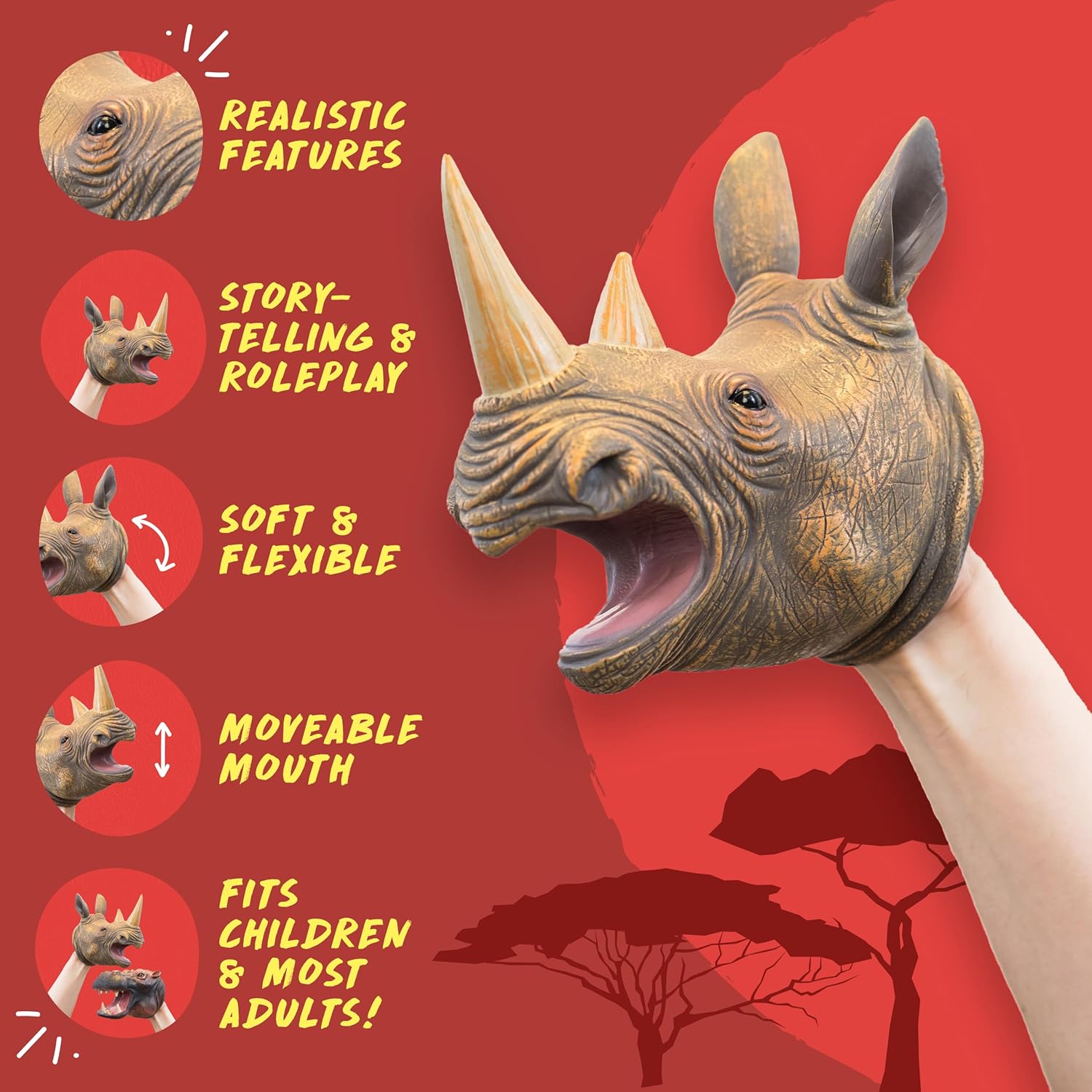 Wild Thingz Grey Rhino Hand Puppet for Kids | Interactive Storytelling Animal Toy for Learning, Imagination & Creative Play