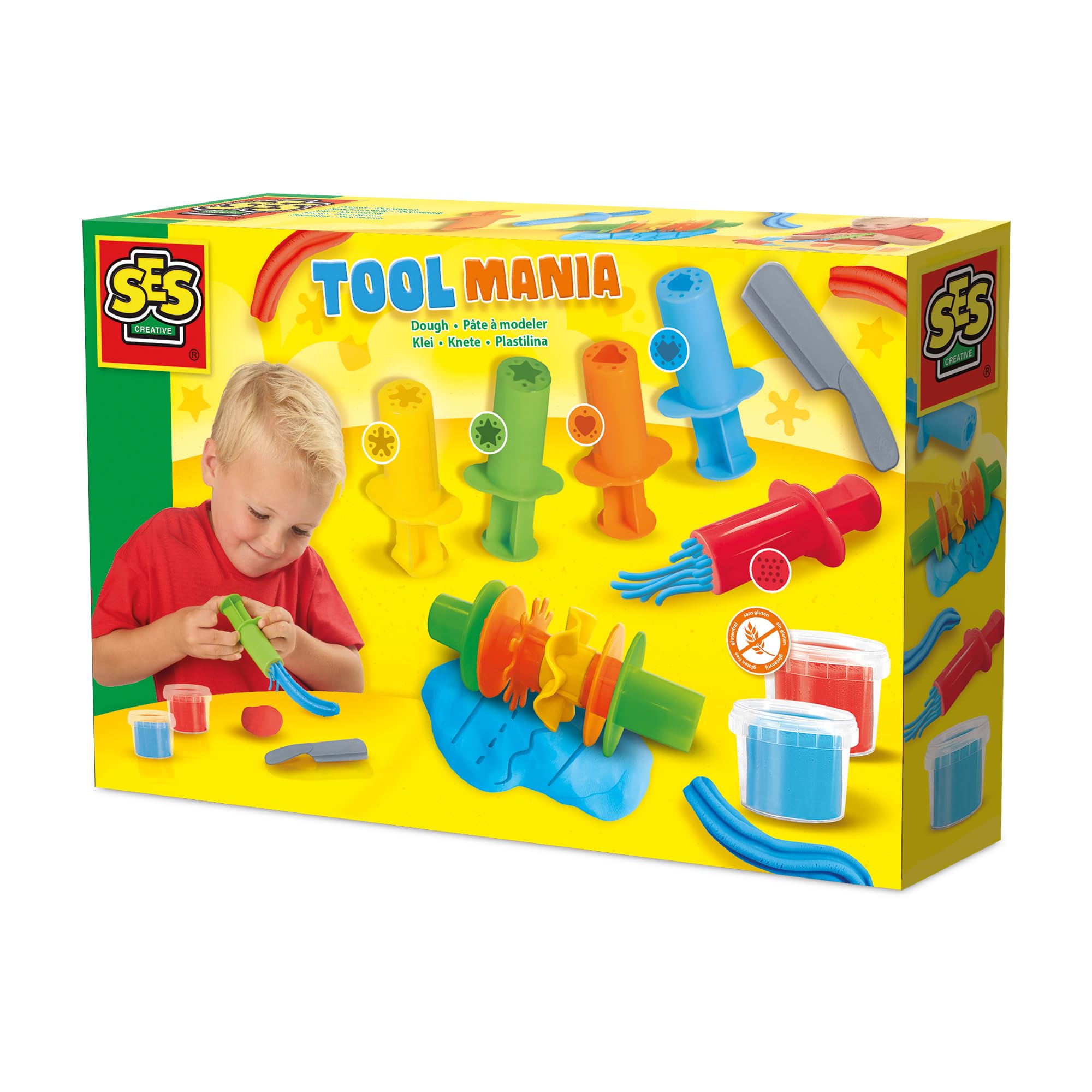 SES Creative 00504 Dough Tool Set - Creative Play Kit for Kids Aged 2+ - Includes Toolsr - Washable and Gluten-Free Dough in Red and Blue - 2 Pots