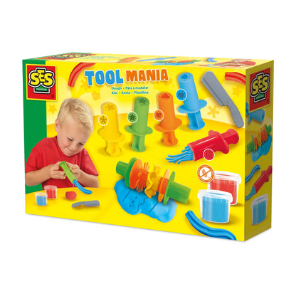 SES Creative 00504 Dough Tool Set - Creative Play Kit for Kids Aged 2+ - Includes Toolsr - Washable and Gluten-Free Dough in Red and Blue - 2 Pots
