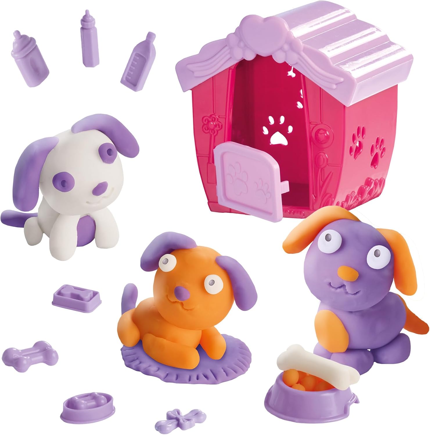 SES Creative 00505 Dough Puppy Play Set - Create Adorable Puppies with Gluten-Free Dough - Includes Doghouse and Accessories - Safe and Fun for Kids Aged 3+, Lila, Orange, Weiß