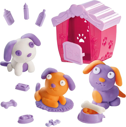 SES Creative 00505 Dough Puppy Play Set - Create Adorable Puppies with Gluten-Free Dough - Includes Doghouse and Accessories - Safe and Fun for Kids Aged 3+, Lila, Orange, Weiß
