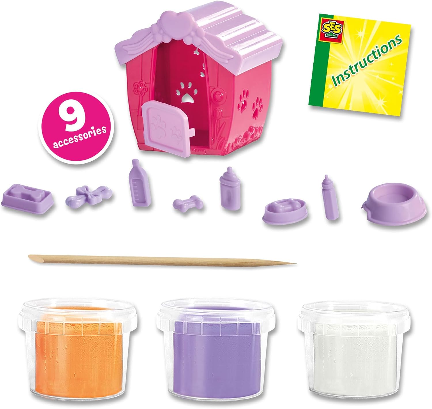 SES Creative 00505 Dough Puppy Play Set - Create Adorable Puppies with Gluten-Free Dough - Includes Doghouse and Accessories - Safe and Fun for Kids Aged 3+, Lila, Orange, Weiß