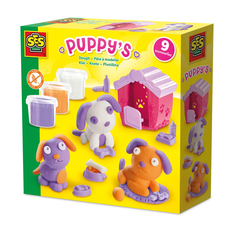 SES Creative 00505 Dough Puppy Play Set - Create Adorable Puppies with Gluten-Free Dough - Includes Doghouse and Accessories - Safe and Fun for Kids Aged 3+, Lila, Orange, Weiß