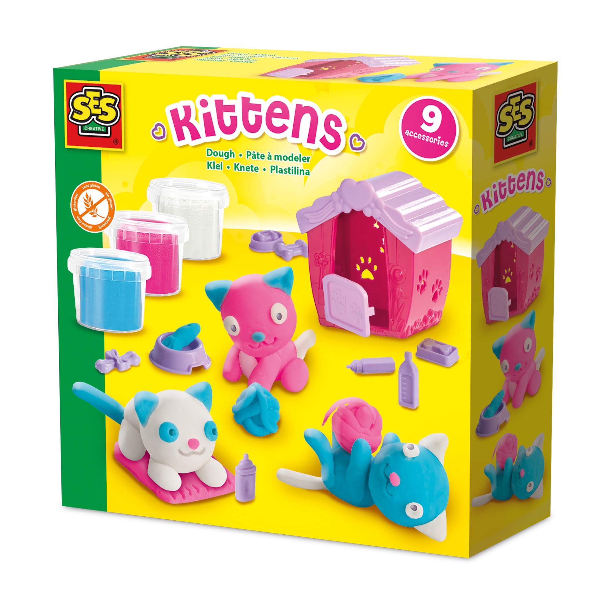SES Creative 00506 Dough Kitten Play Set - Shape Your Own Kittens with Gluten-Free Dough - Includes Cat House and Accessories - Safe and Creative Fun for Kids Aged 3+