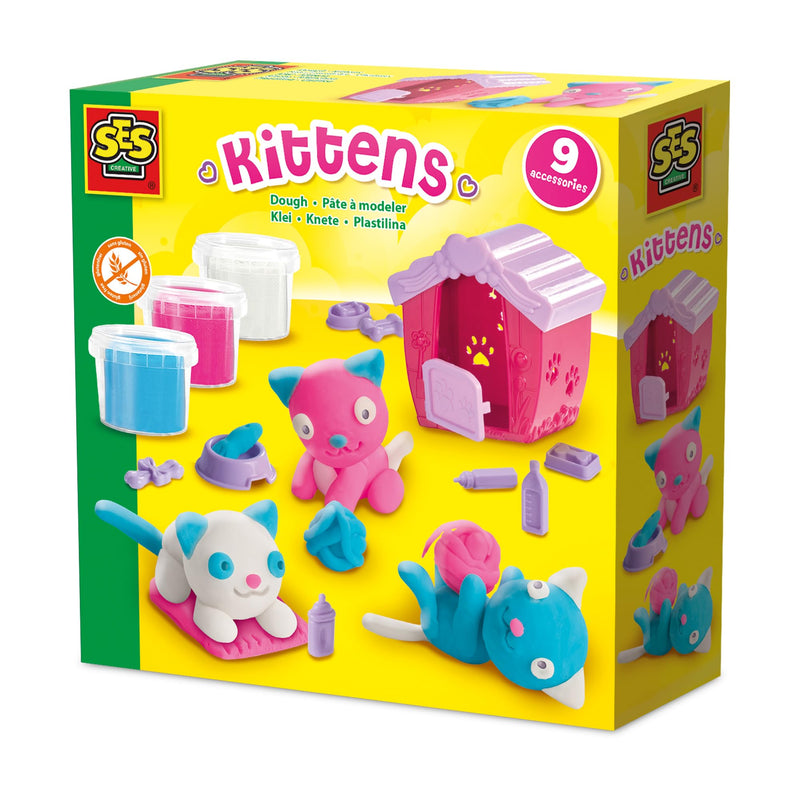 SES Creative 00506 Dough Kitten Play Set - Shape Your Own Kittens with Gluten-Free Dough - Includes Cat House and Accessories - Safe and Creative Fun for Kids Aged 3+