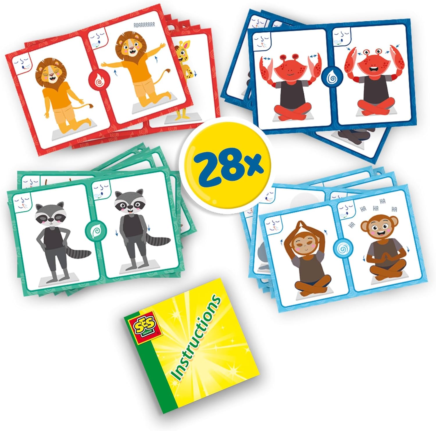 SES Creative 02407 - Zen Yoga Cards - Breathing Exercises - Mindfulness for Kids - 28 Example Cards - Exercises for Emotions like Happy or Angry