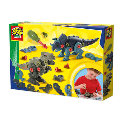 SES Creative 14291 Dino Screw Constructions - Creative Building Kit for Kids Aged 5+ - Build Your Own T-Rex and Triceratops with 35 Dino Parts, 20 Screws, and a Child-Friendly Screwdriver