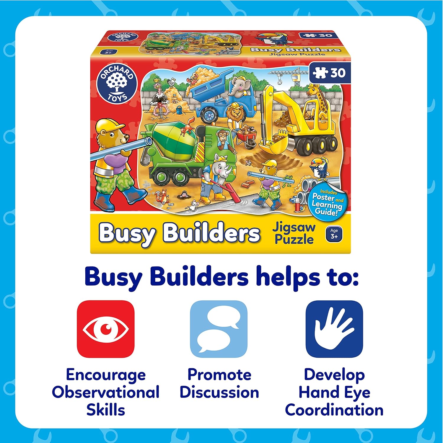 Orchard Toys Busy Builders Jigsaw Puzzle, 30-Piece Shaped Educational Jigsaw Puzzle, For Kids Age 3+, Develops Hand-Eye Coordination