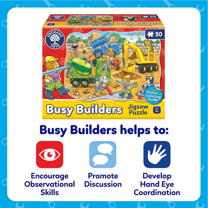 Orchard Toys Busy Builders Jigsaw Puzzle, 30-Piece Shaped Educational Jigsaw Puzzle, For Kids Age 3+, Develops Hand-Eye Coordination