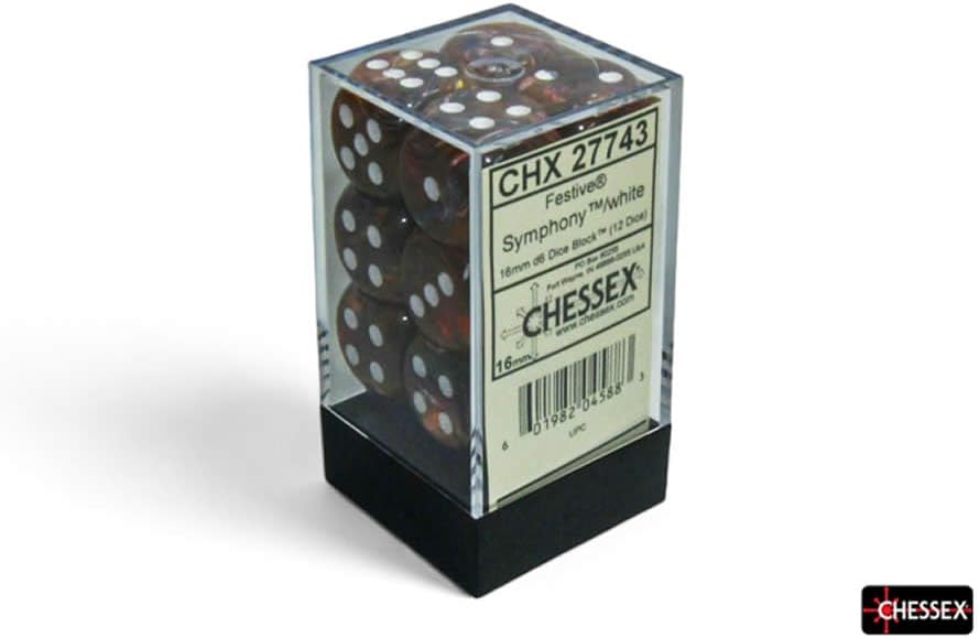 Symphony Festive Dice with White Pips D6 16mm (5/8in) Pack of 12 Chessex
